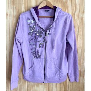Faded Glory hoodie jacket Y2K VTG sweatshirt zipper artsy floral purple women XL